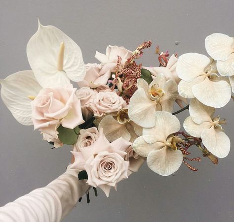 Stunning Ingredients In This Hand Tied Wedding Bouquet: Anthurium, Roses, Phalaenopsis Orchids, Orchids Vintage Wedding Flower Arrangements, Makeup Zombie, Wedding Flowers Wildflowers, Vintage Wedding Flowers, Succulent Centerpieces, Flower Colors, Orchid Wedding, Bouquet Design, Wedding Vintage