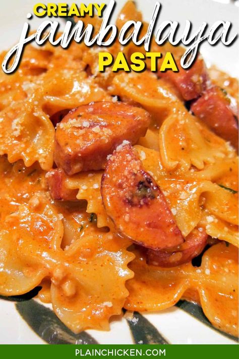 Creamy Jambalaya Recipe, Jumbalaya Pasta, Creamy Jambalaya, Jambalaya Pasta Recipe, Pastalaya Recipe, Jambalaya Recipes, Plain Chicken Recipe, Jambalaya Pasta, Smoked Sausage Pasta