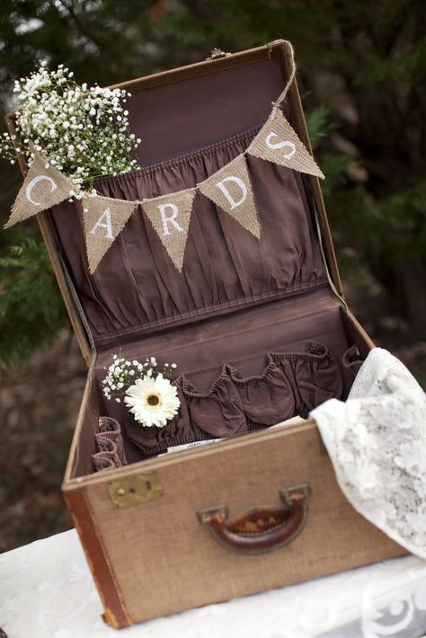 love the suitcase but maybe... close and lock it, and carve/saw a slot into it? Vintage Suitcase Wedding, Burlap Party, Rustic Wedding Decorations, 50th Anniversary Party, Wedding Card Box, Old Suitcases, Vintage Suitcases, Wedding Card Holder, Vintage Suitcase