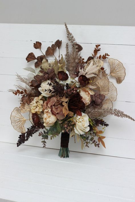 Boho Bouquet Terracotta Brown Gold Cream Flowers Bridal | Etsy Green And Brown Wedding Flowers, Wedding Decor Brown, Brown Bridal Bouquet, Brown Wedding Theme Flowers, Taupe And Brown Wedding, Brown Tan White Wedding, White And Brown Wedding Flowers, Bridal Bouquets Fall, Black White And Brown Wedding