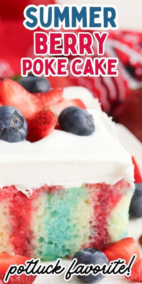 This delicious, moist Berry Poke Cake recipe with fresh strawberries and blueberries is infused with vibrant jello flavors making an eye catching, fluffy dessert cake. So easy to make, with a whipped topping, poke cakes are great for serving at summer gatherings like cookouts, bbq's, picnics, birthdays and potlucks! Berry Poke Cake, Poke Cake Jello, Moist White Cake, Blue Jello, Super Easy Desserts, Dream Whip, Work Food, Jello Cake, Patriotic Food