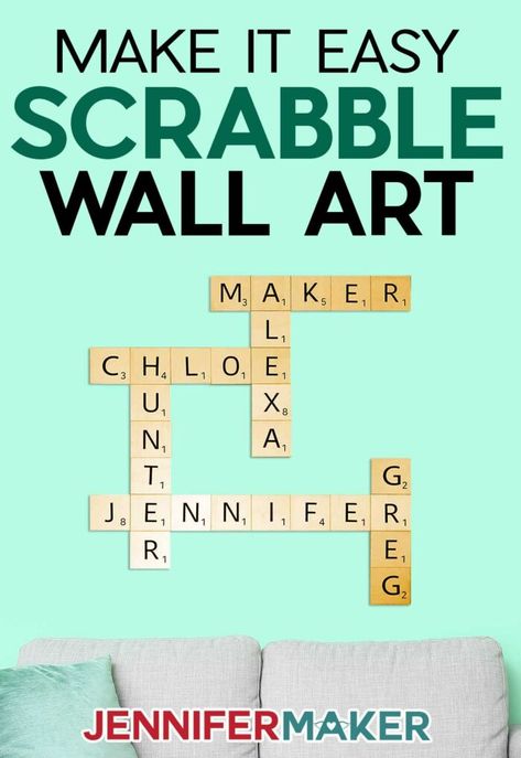 Make large Scrabble tile wall art with wood and vinyl easy! Free SVG cut file and full instructions to make this on your Cricut at home! Custom Wall Design, Large Scrabble Tiles, Scrabble Tile Wall Art, Jennifer Maker, Scrabble Wall Art, Scrabble Wall, Wall Art Diy, Longest Word, Cricut Projects Beginner