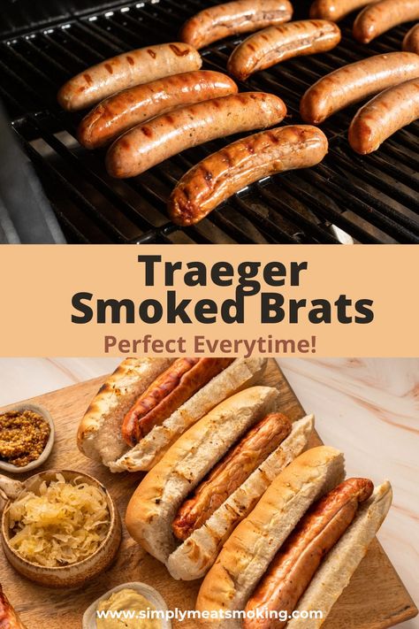 Smoked Brats on a Traeger Brats On Traeger Grill, Brats On Pellet Grill, Smoked Brats, How To Cook Bratwurst, American Hot Dog, How To Cook Brats, Grilled Brats, Brats Recipes, Traeger Grill Recipes