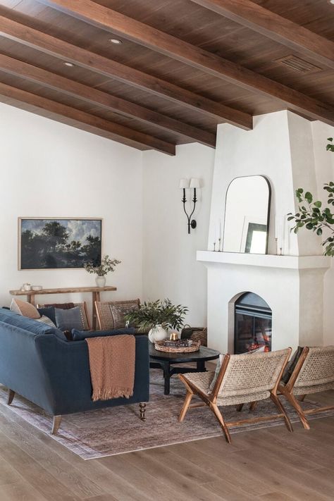 Hacienda Living Room, Diy French Doors, Mediterranean Style Living Room, Mexican Modernism, Modern Hacienda, Stucco Fireplace, Mediterranean Living Room, The Hacienda, Jenna Sue Design