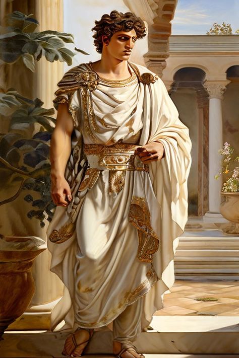 Emperor Elagabalus standing regally in a Roman courtyard by Sagar Rathod - Playground Roman Royalty, Roman Banquet, Roman Culture, Ancient Roman Aesthetic, Roman Emperor Aesthetic, Greek God Outfit, Rome Gods, Fantasy Roman Architecture, Roman Aesthetic