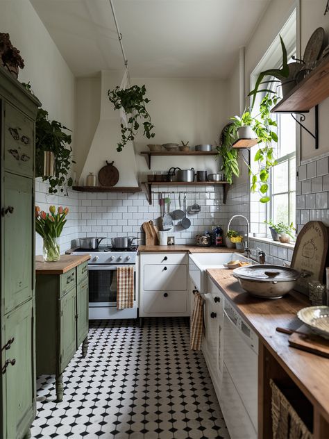 Green Kitchen With Checkered Floor, Modern Checkered Floor Kitchen, Black And White Kitchen With Green Accents, Black And White Checkered Tile Kitchen, Green Kitchen Black And White Floor, Checkered Kitchen Floor Green Cabinets, Small Kitchen Checkered Floor, Small Kitchen Black And White Floor, Vintage Kitchen Checkered Floor