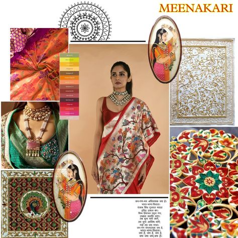 Ethnic Wear Inspiration Board, Mood Boards Textiles, Indian Fashion Mood Boards, Themes For Fashion Portfolio, Meenakari Art Design, Indian Mood Board Inspiration, Fashion Illustration Themes, Themes For Portfolio Fashion Designing, Portfolio Themes Ideas Inspiration