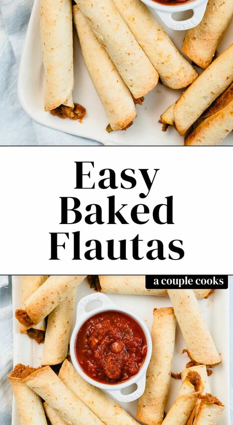 These oven baked flautas are filled with a zesty refried bean and cheese filling! Similar to taquitos, they can be made with either flour or corn tortillas. #flautas #taquitos #mealprep #mexican #snack Taquitos With Rice And Beans, Bean And Cheese Flautas, Flour Taquitos Baked, Flautas Recipe Flour Tortillas, Refried Beans Taquitos, Bean Taquitos Baked, Oven Flautas, Baked Flautas Corn Tortillas, Healthy Flautas