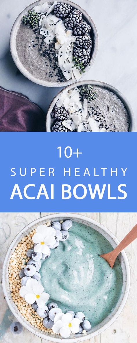 Acai bowls – pronounced ah-sigh-ee – are a super trendy breakfast item at juice bars, cafes and restaurants, but you can easily prepare them at home. Just type in #acaibowls on Instagram and you’ll discover a superb variety of mesmerizing tropical bowls beautifully decorated with berries, coconut flakes and superfoods. Coconut Acai Bowl Recipe, Sambazon Acai Bowl Recipes, Coconut Base Acai Bowl, Make Ahead Acai Bowl, Acai Bowl Base Recipe, Acai Bowl Recipe Nutella, Acai Bowl Ideas, Matcha Acai Bowl, Tropical Smoothie Açaí Bowl