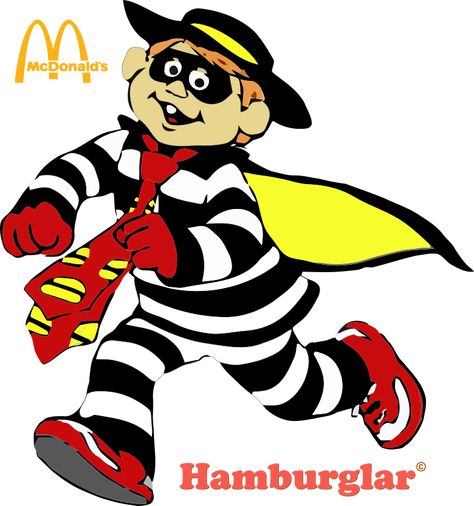 A pint-sized burglar who was introduced in 1971 as one of the first antagonists of the commercials where he often attempts to steal burgers from Ronald. Originally, Hamburglar spoke in a gibberish language which had to be translated by Captain Crook. He was reintroduced in 1985 as one of the main protagonists where he spoke in normal sentences. In 2015, McDonald's brought back the Hamburglar as part of the promotion of a new sirloin burger. Hamburglar Costume, The Hamburglar, Mcdonalds Birthday Party, Childhood Characters, Childhood Memories 70s, Diy Halloween Costumes Easy, Dope Cartoon Art, Graphic Tee Design, Mascot Design