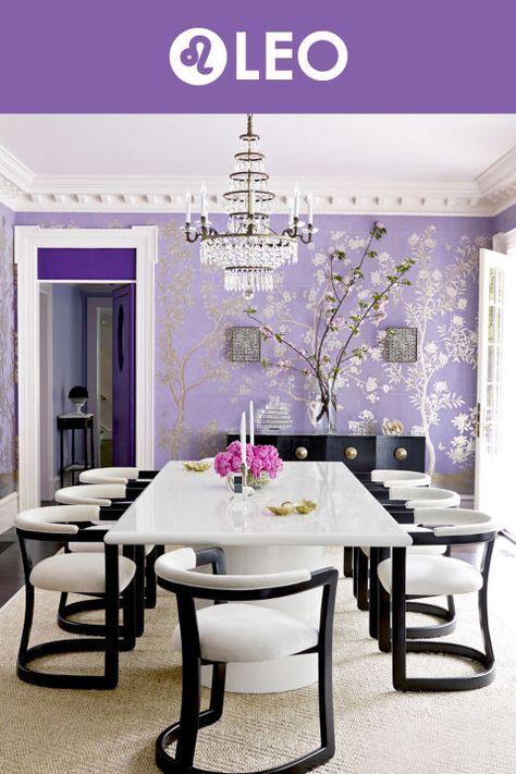 Choosing a paint color can lead to an identity crisis. The next time you're stumped over what to paint a room, look towards your horoscope for enlightenment.  Leo: You spice up everyone's life, inspiring others with your statement-making style and star presence--just like this purple dining room does. Purple, the color of royalty, suits you just fine. Deco Violet, Purple Dining Room, Unique Dining Room, Purple Rooms, Ideas Hogar, Purple Home, Best Paint Colors, Purple Walls, Contemporary Chairs