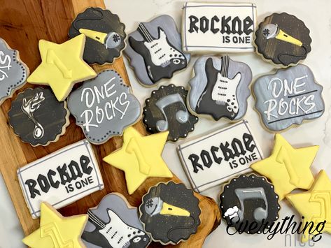 Rock And Roll Birthday Cookies, Rock N Roll Cookies Decorated, Rock And Roll Sugar Cookies, Rock N Roll Cookies, Rock And Roll Cookies, One Rocks Birthday, 1st Birthday Photo Ideas, Baby Mask, Rock And Roll Birthday