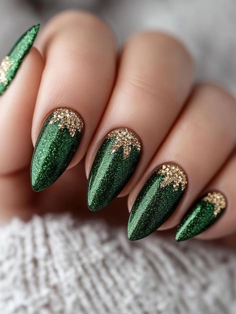 Deck the halls and your nails with these fabulous green Christmas designs! Indulge in 30 magical ideas that capture the essence of yuletide joy. From twinkling emerald aurora borealis effects to frosty pine cone accents, these nail art creations will transport you to a winter wonderland. Mix and match patterns for a playful look or stick to a theme for elegant charm. Perfect for spreading holiday cheer wherever you go. Christmas Nails Medium Almond, Elf Inspired Nails, Gold And Green Nails Ideas, Green Christmas Toe Nails, Red Green Gold Christmas Nails, Green Nails With Gold Tips, Green French Tip Christmas Nails, Emerald Nails With Gold, Green And Gold Nails Christmas