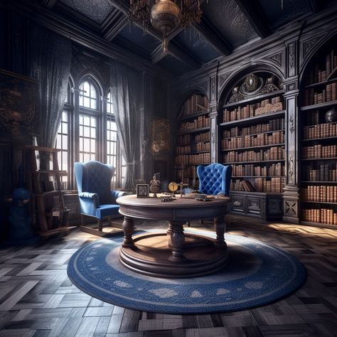 Ravenclaw Library, Ffxiv Apartment, Ravenclaw Tower, Mage Tower, Steampunk Room, Blue Library, Steampunk Rooms, Dark Academia Interior, Academia Room