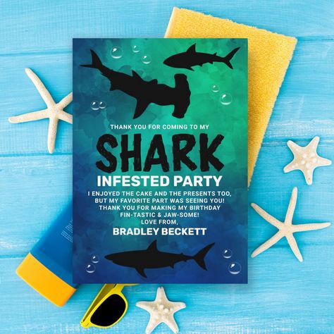 Shark Infested Any Age Birthday Party Thank You Card | #modern #birthday #anyagebirthday #underthesea #shark #poolparty #beachparty #swimming #aquarium #fin-tastic Shark Themed Birthday, Shark Birthday Invitations, Modern Birthday, Pool Party Invitations, Shark Themed, Birthday Thank You Cards, Birthday Blessings, Shark Birthday, Kids Party Supplies