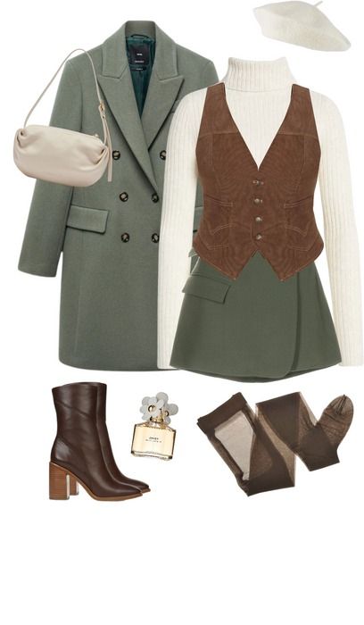 Sage Green And Brown Outfit, Sage Green Outfits For Women, Sage Green Winter Outfit, Green Autumn Outfit, Brown And Sage Green Outfits, Beige And Green Aesthetic Outfit, Sage Clothes Aesthetic, Sage Green Outfit Aesthetic, Green Light Academia Outfit