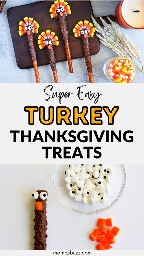 Want to make some fun kids thanksgiving treats? Try these fun turkey pretzel rods! They're creative snacks for kids and fun turkey desserts. I'll show you how to make these cute kids thanksgiving treats so you can have your own turkey themed snacks for the holidays Turkey Themed Snacks, Turkey Rice Crispy Treats, Creative Snacks For Kids, Turkey Pretzels, Thanksgiving Kid Snacks, Kids Thanksgiving Treats, Thanksgiving Kid Recipes, Turkey Desserts, Recipes Treats