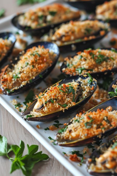 "Uncover the Flavor of Mediterranean with Corsican Stuffed Mussels (Moules Farcies) Recipe" #mediterraneandiet Chorizo Mussels Recipe, Mussel Dishes, Mussels In Red Sauce, Seafood Plating, Baked Mussels Recipe, Best Mussels Recipe, Mussels Recipes, Stuffed Mussels, Baked Mussels