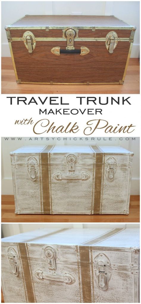 Travel Trunk Chalk Paint Makeover!! What a difference!! artsychicksrule.com #traveltrunk #trunkmakeover #chalkpaint #coco Trunk Makeover, Paint Makeover, Chalk Paint Makeover, Painted Trunk, Diy Luggage, Travel Trunk, Chalk Paint Furniture, Furniture Makeover Diy, Paint Furniture