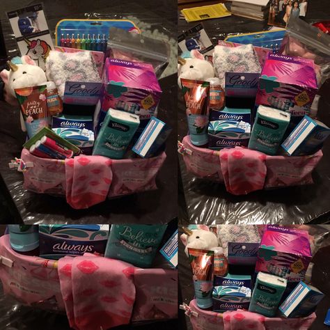 Period Basket For Girlfriend Cute Ideas, Period Basket, Period Package, Girl Survival Kits, Period Box, Feminine Wipes, Healthy Period, Care Basket, Holiday Baskets