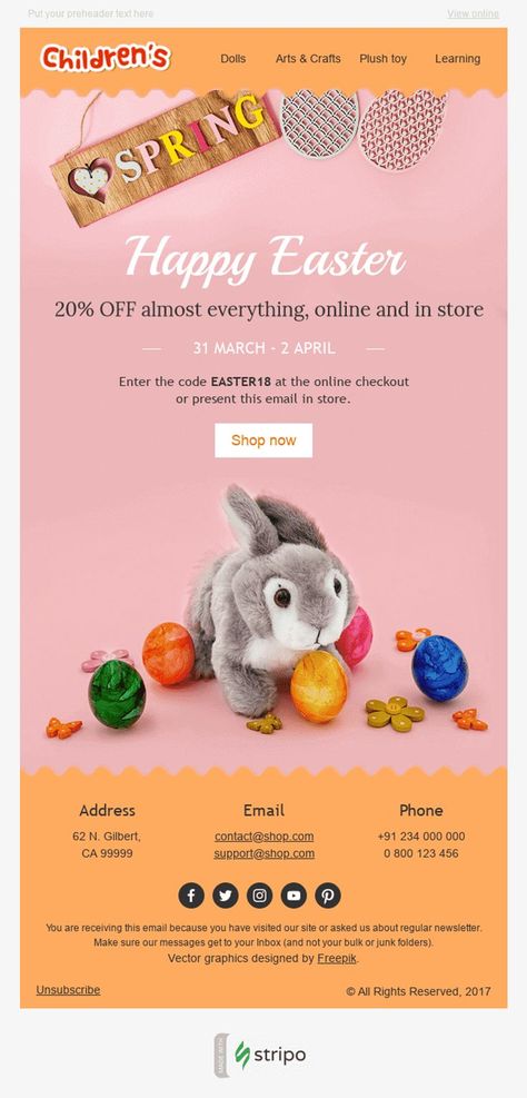 Easter Email Template "Cute Bunny" for Kids Goods industry. Explore our Easter Email Templates to find just the right look for you. #Email_Newsletter_Template #Email_Templates #Email_Design #Email_Marketing #Mailchimp #Newsletter Easter Newsletter, Childrens Dolls, Template Cute, Design Campaign, Holiday Emails, Email Template Design, Email Newsletter Template, Holiday Campaign, Newsletter Template