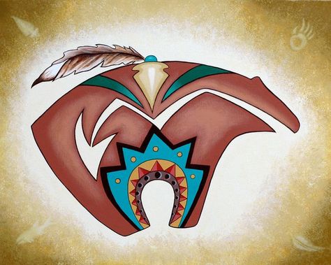 Zuni Bear Tattoo, Native Bear Art, Indian Bear Tattoo Native American Art, Native American Bear Art, Anishinaabe Art, Native American Bear Symbol, Golden Brown Background, Native American Zodiac Bear, Painted Drums