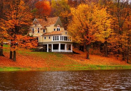 Lakeside house - Lakes Wallpaper ID 1862849 - Desktop Nexus Nature Autumn Lake, Autumn Scenes, Lake Cabins, Autumn Scenery, Dream House Exterior, Lush Green, In The Fall, House Designs Exterior, Victorian Homes