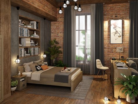 Industrial Bedroom Design, Living Room Industrial, Industrial Home Design, Brick Interior, Small Room Design Bedroom, Loft Interior Design, Cosy Living, Industrial Interior Design, Small Room Design