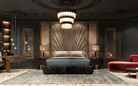 Dark Luxury Bedroom at VWArtclub Dark Luxury Bedroom, Popular Bedroom Colors, Luxurious Bedrooms Interior, Modern Family House, Park Project, Blessed Wednesday, Bedroom Color Combination, Palace Interior, 1920s House