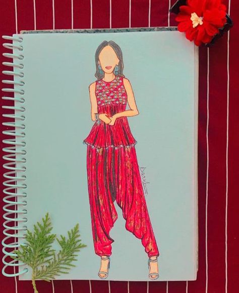 Illustrating the Indo Western wear by @punitbalanaofficial 's collection available at @ogaanindia ❣️ The coin work crushed top with dhoti pants in the darker shade of red looks to be a nice choice for the festivities of the season. Dhoti Illustration Sketch, Western Wear Fashion Illustration, Dhoti Illustration, Indo Western Dress Illustration, Ethnic Wear Illustration, Normal Sketch, Garara Design, Garment Illustration, Bride Fashion Illustration