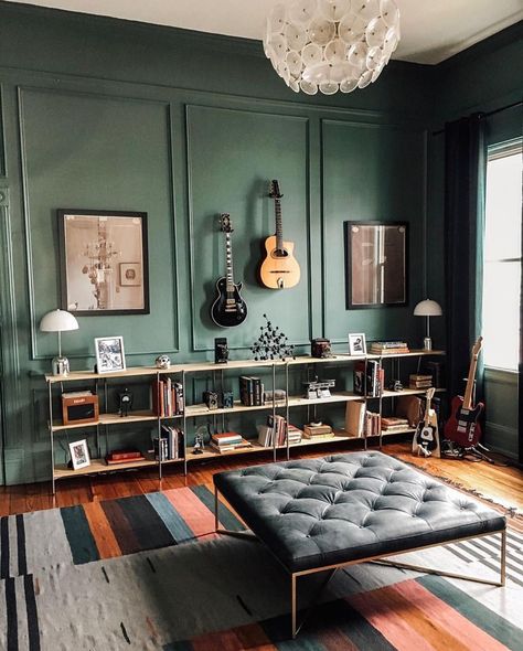 Home Office Guitar Room, Guitar Space In Room, Green Mancave, Green Music Room, Modern Music Room, Office Music Room, Music Room Office, Office Music, Music Reading