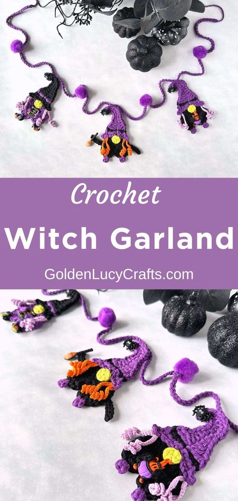 Crochet Halloween Garland Free Pattern, Crochet Garland Pattern Free, Crochet Halloween Garland, Witch Garland, Crochet Pumpkin Patterns, Witch Crochet Pattern, Crochet Minis, Witch Gnomes, Realistic Paper Flowers