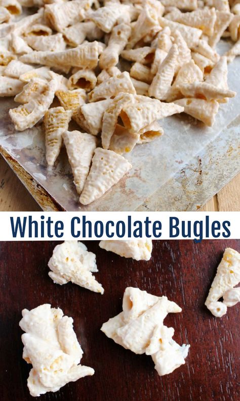 White Chocolate Bugles Recipe, Sweet And Salty Bugles, Snack Mix With Bugles, Sweet Bugles Snack Mix Recipes, White Chocolate Bugles, Bugle Recipes, Bugle Snacks, Bugle Christmas Treats, Chocolate Dipped Peanut Butter Bugles