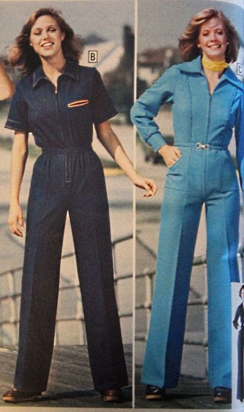 Jumpsuits were a stretchy adaptation of overalls. Using the restroom in them was precarious. During the day the jumpsuit was made of double knit polyester, cotton or denim with a zip or button up front, pant pockets and oversize collar. The denim jumpsuit with a zip up front revived the overall look. Evening jumpsuits slimmed down the look into a stretchy bodysuit with a sleeveless or halterneck top. Shop 70s jumpsuits. 1970s Denim Jumpsuit, Denim 70s Fashion, 70s Fashion Aesthetic Women, 1970 Womens Fashion, 70s Fashion Denim, 70s Fashion Vintage 1970s Women, Vintage Jumpsuit Outfits, 1970 Fashion Women, 70s Bodysuit