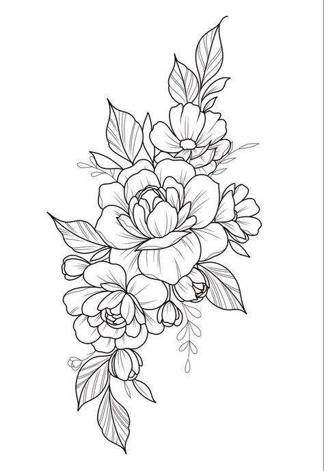 Large Tattoo Drawings, Mandala Flowers Tattoo Design, Peony Tattoo Stencil Outline, Large Floral Hip Tattoo, Girly Flower Tattoos, Under Knee Floral Tattoo, Fine Line Flower Tattoo Design, Japanese Flower Tattoo Stencil, 2 Hour Tattoo Ideas