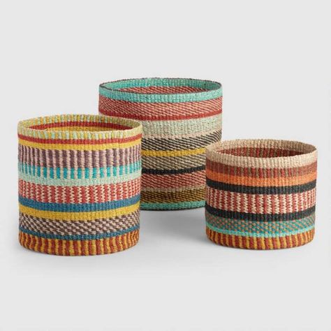 rainbow colored woven baskets Colorful Baskets, Basket And Crate, Plastic Baskets, Large Basket, Round Basket, African Baskets, Woven Baskets, Woven Basket, World Market