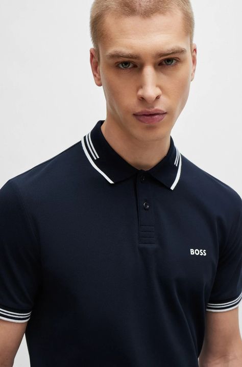 BOSS - Stretch-cotton slim-fit polo shirt with branding T Shirt Branding, Shirt Branding, Polo Design, Slim Fit Polo Shirts, Slim Fit Polo, Blue Polo Shirts, Polo Tees, Pizza Hut, Polo T Shirt