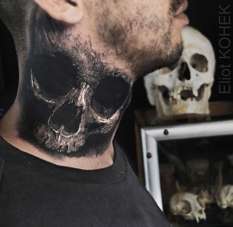 Skull neck tattoo realistic 3D style Throat Tattoos, Nape Tattoo, Realistic Skull, Best Neck Tattoos, Side Neck Tattoo, Throat Tattoo, Tattoo Filler, Scary Tattoos, Muster Tattoos