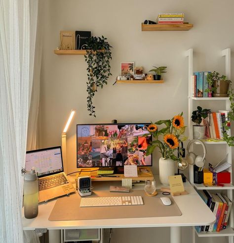 Instagram credit: @growithardi Small Office And Makeup Room Combo, Work Studio Aesthetic, Wfh Corner Desk Setup, Couple Office Ideas Small Spaces, Couples Office Space, L Shaped Desk Aesthetic, Desk Window Ideas, Work Area Ideas At Home, Ergonomic Office Setup Ideas