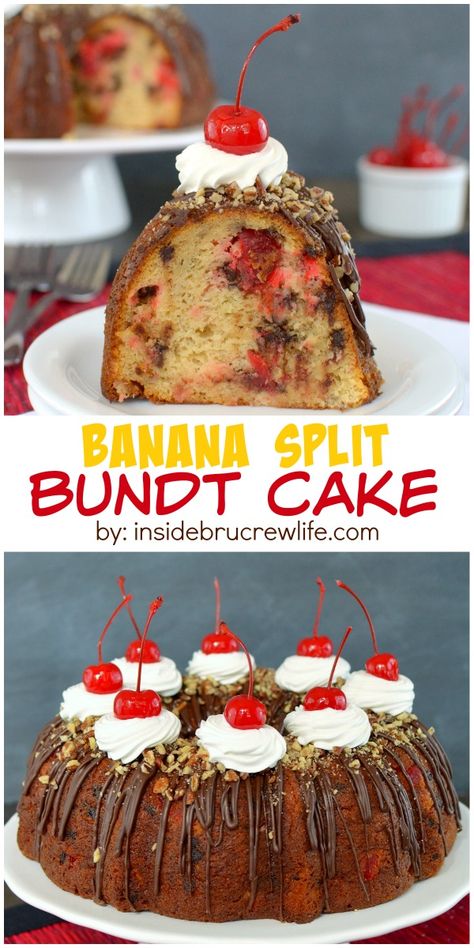 Adding cherries, chocolate chips, and ice cream make this banana split bundt cake an amazing treat! Cake With Chocolate Chips, Banana Bundt Cake, Banana Bundt, Tupperware Recipes, Yummy Deserts, Tummy Yummy, Mini Bundt Cakes, Bundt Cake Pan, Chocolate Heaven