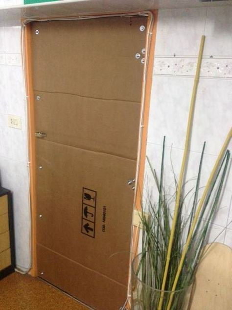 Cardboard door where there was no door.     #Doors #Do-It-YourselfIdeas, #RecycledCardboard Cardboard Door, Cardboard Recycling, Make A Door, Cardboard Crafts Diy, Paper Furniture, Recycled Projects, Diy Cardboard Furniture, Cardboard Paper, Diy Cardboard