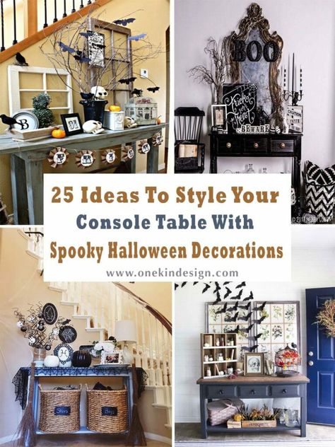 halloween-decorated-console-table Pumpkin Ideas Cute, Painting Pumpkin Ideas, Pumpkin Painting Ideas Easy, Painting Ideas Pumpkin, Cute Pumpkin Painting Ideas, Easy Pumpkin Painting, Cute Pumpkin Painting, Faces Painting, Easy Outdoor Halloween Decorations