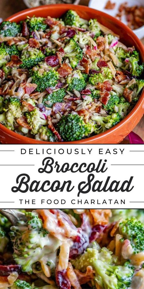 The BEST, most delicious Broccoli Salad - with bacon, cranberries, a tangy homemade dressing, and more! Easy to make and such a crowd pleaser. Check out all the details at The Food Charlatan! Broccoli Salad With Italian Dressing, Broccoli Salad Christmas, Christmas Side Dish Salad, Hutchins Broccoli Salad, Christmas Tossed Salad Recipes, Broccoli Coleslaw Salad, Recipe Broccoli Salad, Best Ever Broccoli Salad, Cooked Broccoli Salad