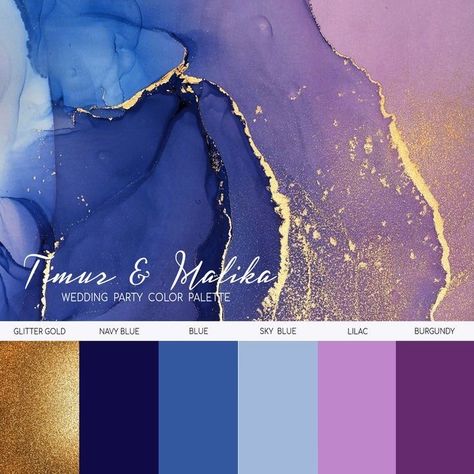 Galaxy Wedding Colors, Blue Purple Gold Color Palette, Celestial Colour Palette, Purple Celestial Wedding, Galaxy Wedding Decor, Celestial Wedding Color Palette, Purple Gold Palette, Night Sky Wedding Theme, Celestial Branding