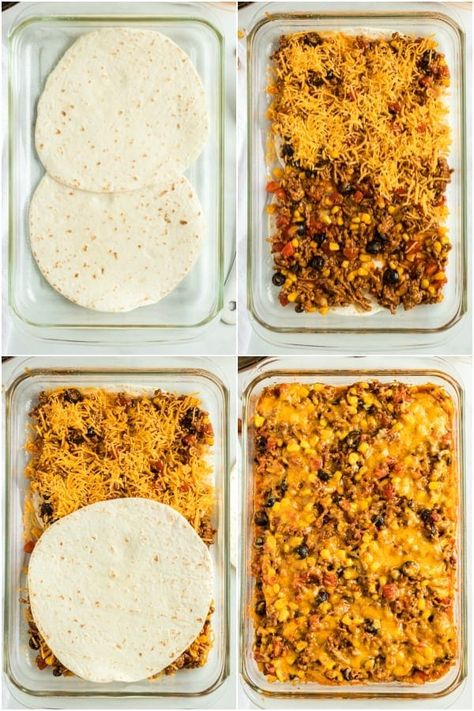 How to make a taco bake Easy Taco Bake Casserole, Beef Taco Bake, Taco Casserole With Tortillas, Taco Bake Casserole, Easy Taco Bake, Lazy Lasagna Recipe, Taco Casserole Bake, Casserole Meals, Taco Dishes