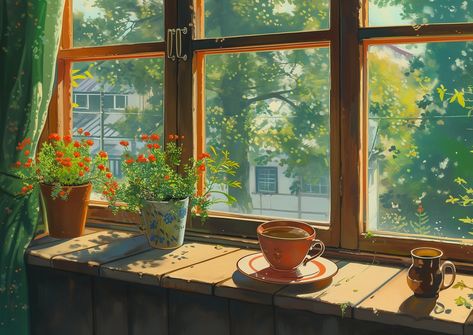 Morning coffee by the blooming window. . . . . . . . #AnimeArt #MorningCoffee #FlowerView #CozyHome #NatureLovers #ai #midjourney #aicommunity #aiartworks #trending #trendingnow #illustration #cozy #cozyvibes #nature #cozydecor #cottagestyle #conceptartist #stressrelief #stressfree #storytelling #stablediffusion #midjourneygallery #artoftheday #lofi #conceptart #studioghibli #animelover #studioghibli #loneliness Wallpaper Desktop Coffee, Coffee Shop Wallpaper Desktop, Cozy Computer Wallpaper, Cosy Desktop Wallpaper, Cozy Lofi Aesthetic, Coffee Wallpaper Laptop, Cozy Pc Wallpaper, Lofi Wallpapers Desktop, Cozy Anime Aesthetic