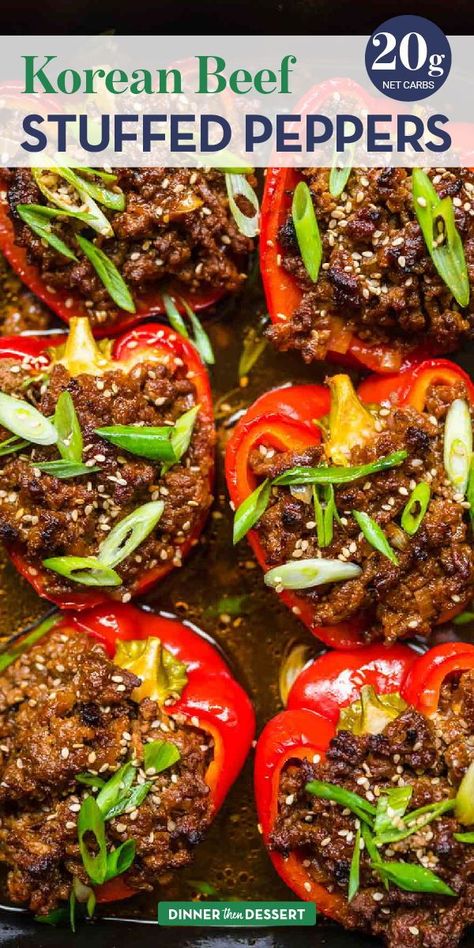 Korean Beef Stuffed Peppers are an easy tasty Asian style dish with a tangy, saucy spicy ground beef mixture baked in bell pepper pockets. This version uses Beef Bulgogi flavored ground beef and no rice for an easy Asian inspired meal. Asian Stuffed Bell Peppers, Asian Stuffed Peppers, Beef Stuffed Peppers, Martin Yan, Stuffed Bell Peppers Ground Beef, Budget Friendly Dinner Recipes, Slow Cooker Korean Beef, Stuffed Peppers Beef, Man Recipes