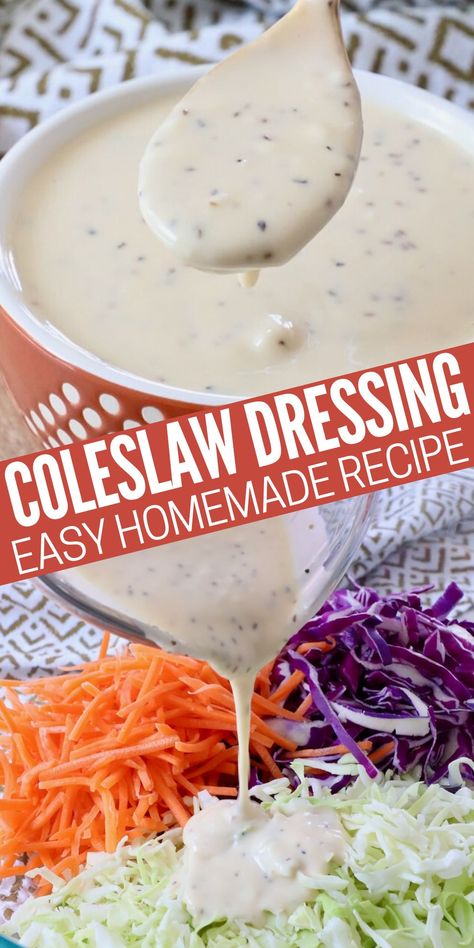 Make the best creamy Coleslaw Dressing with this easy homemade recipe that's so much better than the store-bought stuff! Mix it up with pantry staples in just 5 minutes to make flavorful coleslaw, broccoli salad, and so much more. Easy Coleslaw Dressing, Traditional Coleslaw Recipe, Homemade Coleslaw Dressing, Creamy Coleslaw Dressing, Coleslaw Dressing Recipe, Chicken Appetizer Recipes, Easy Coleslaw, Coleslaw Recipe Easy, Slaw Dressing