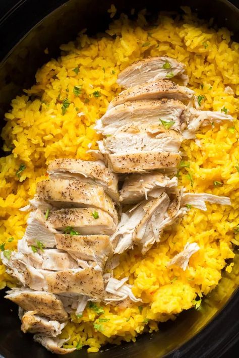 Crockpot Chicken And Yellow Rice: Only 3 Ingredients Needed 1 Cooking Chuck Roast, Chicken And Yellow Rice Recipe, Yellow Rice Recipe, Chicken And Yellow Rice, Yellow Rice Recipes, Braised Chicken Breast, Rice On The Stove, Easy Slow Cooker Chicken, Slow Cooked Chicken