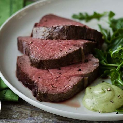 Slow-Roasted Filet of Beef with Basil Parmesan Mayonnaise - Barefoot Contessa Basil Mayonnaise Recipe, Slow Roasted Beef Tenderloin, Filet Of Beef, Barefoot Contessa Recipes, Sirloin Tip Roast, Beef Filet, Beef Fillet, Ina Garten Recipes, Barefoot Contessa